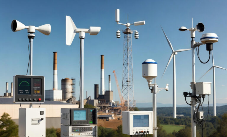 Wind speed instruments on poles at an industrial site with wind turbines in the background