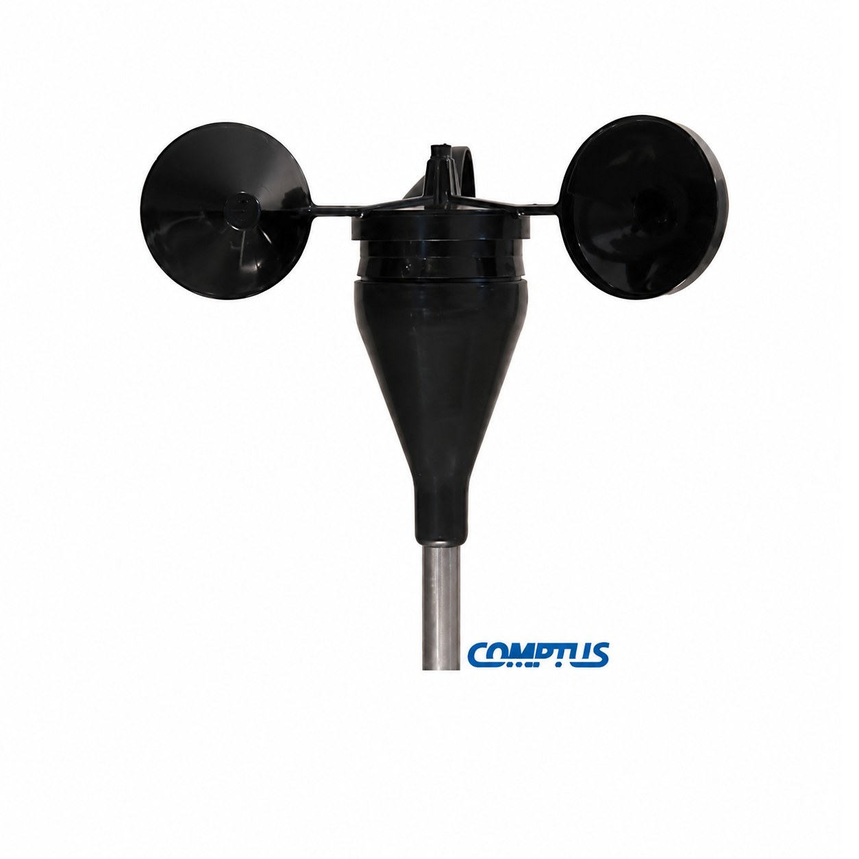 Comptus cup anemometer with three rotating cups for measuring wind speed.