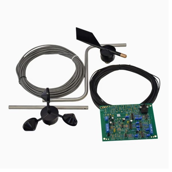 Wind speed and direction sensor system with anemometer, wind vane, cables, and circuit board.